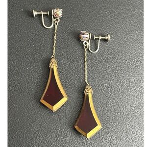 Vintage MCM Earrings Red Faceted Glass Dangle Drop Screw Backs